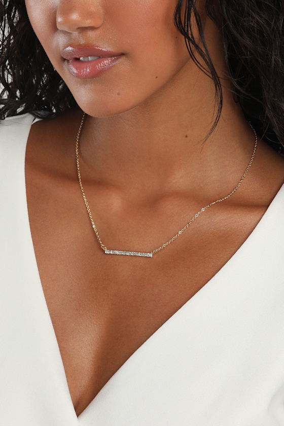 14KT Gold Necklace Bar Pendant Necklace Rhinestone Necklace Lulus