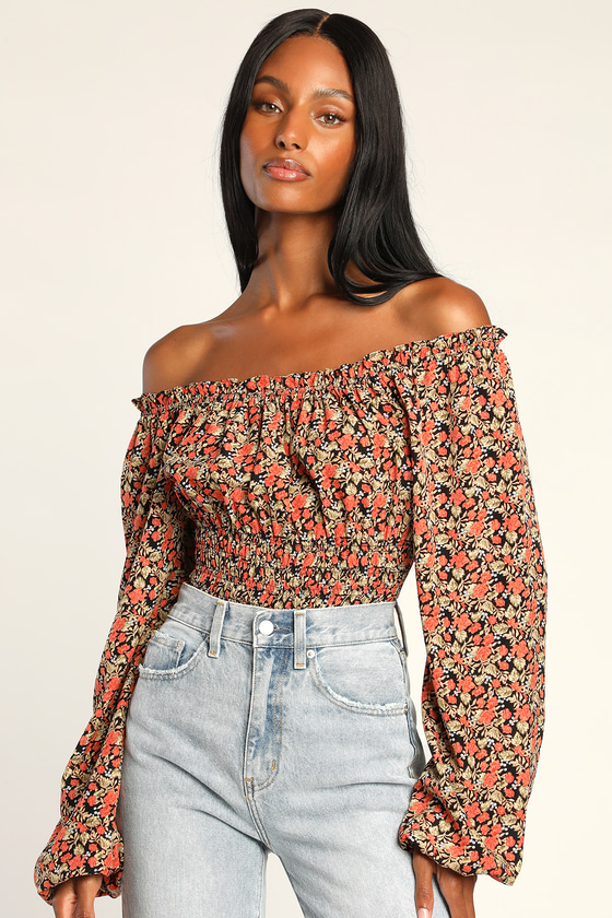 Multi Floral OTS Bodysuit Smocked Bodysuit Balloon Sleeve Top