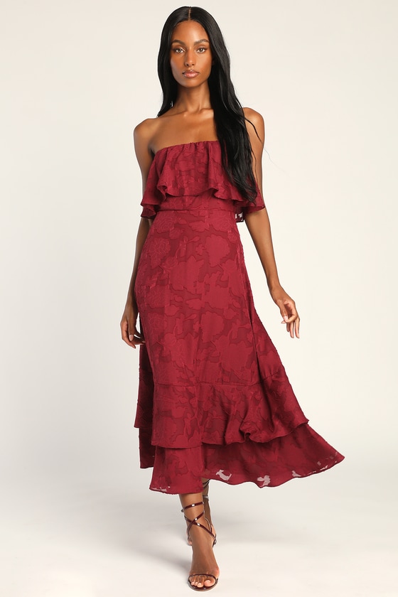 Burgundy Midi Dress Floral Dress Jacquard Midi Dress Lulus