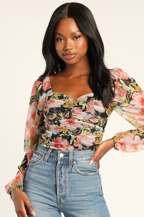 Certified Cutie Black Floral Print Ruched Tie Back Bodysuit 5