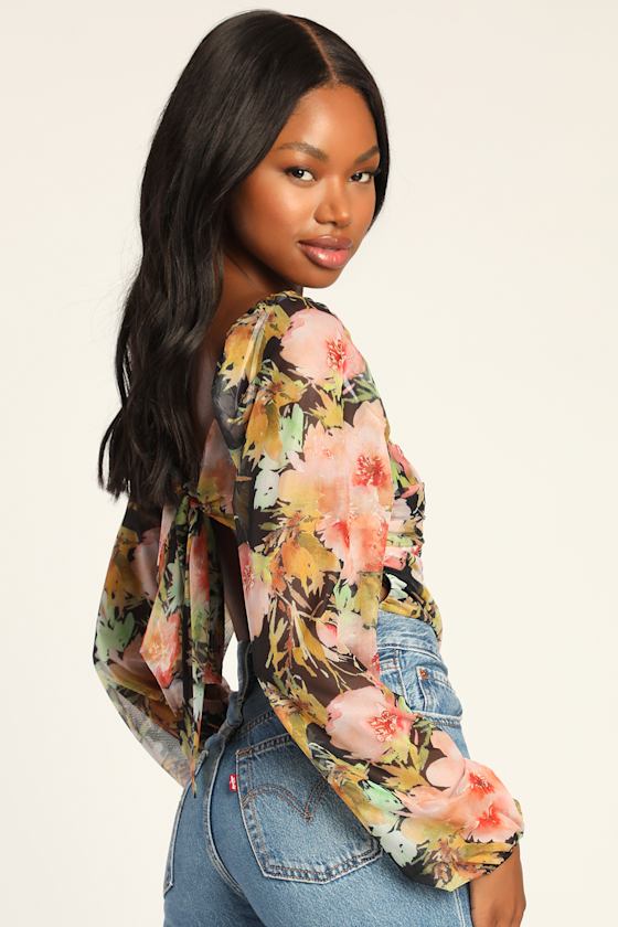 Certified Cutie Black Floral Print Ruched Tie Back Bodysuit 6