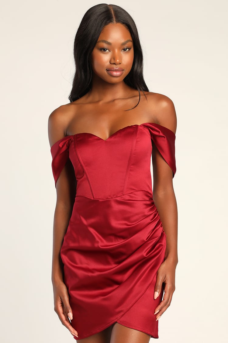 Sensational Love Wine Red Satin Off-the-Shoulder Mini Dress