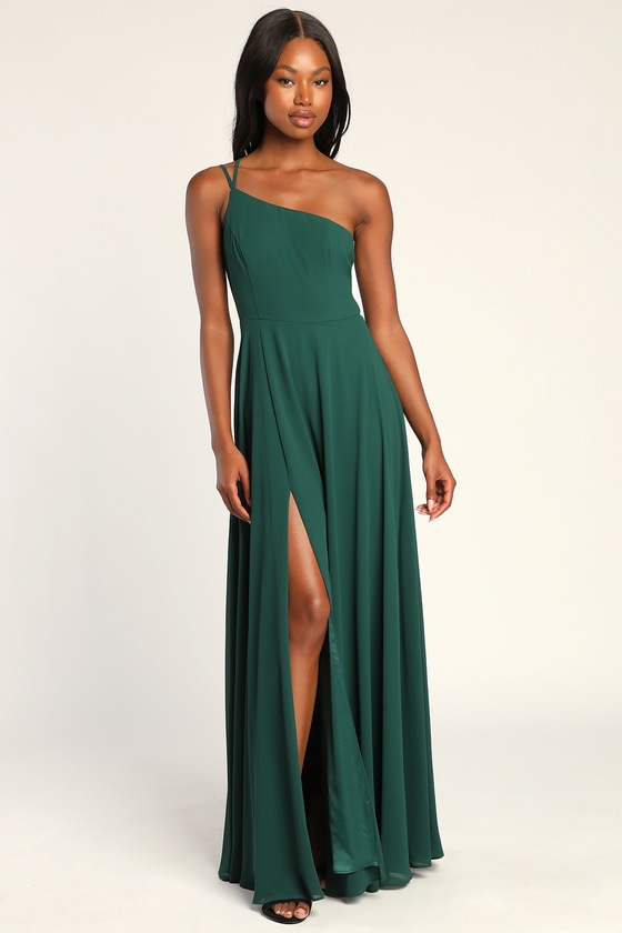 Hunter Green Maxi Dress - One-Shoulder Gown - Chiffon Gown - Lulus