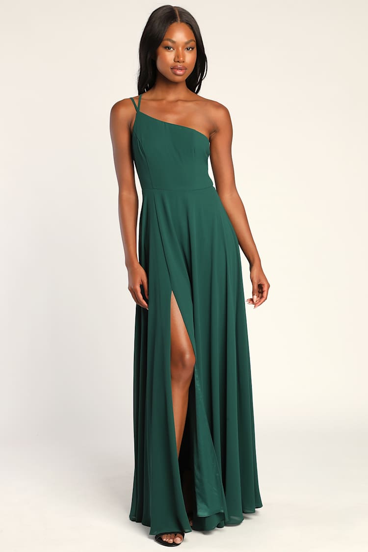 green emerald velvet dress One-Shoulder Long Green Prom Dress with Lace-Up Back Hunter / 0 main image 0