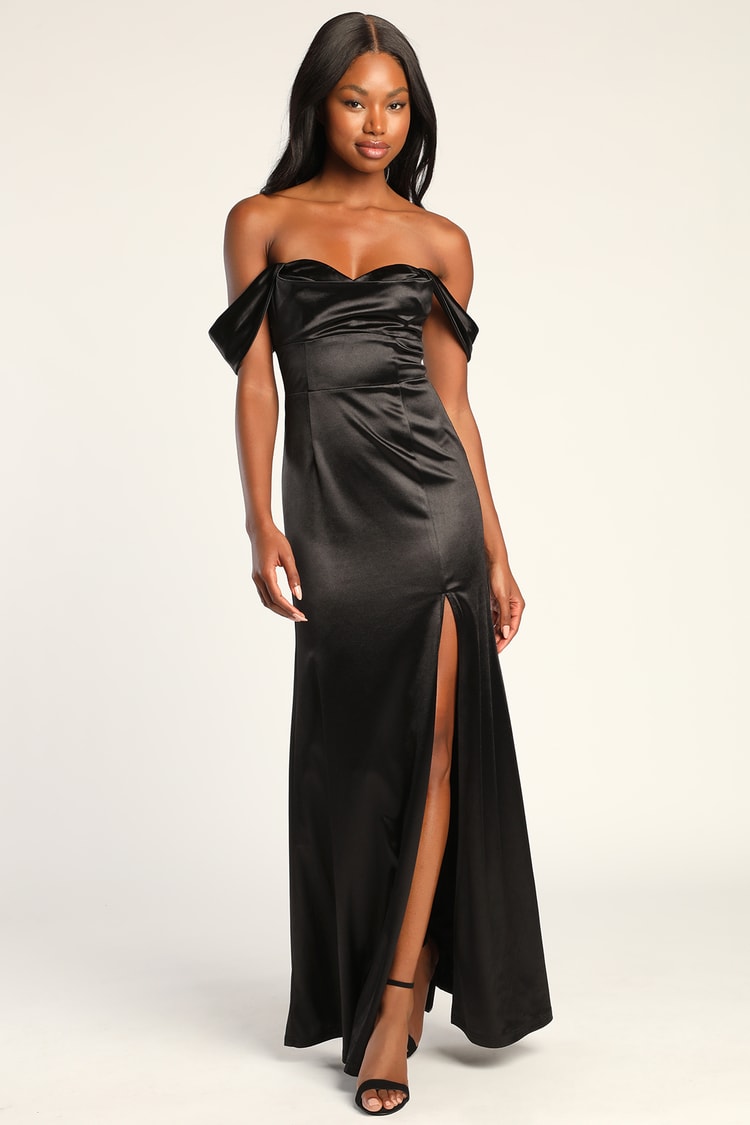 Cinched Waist Sleek Black Satin Party Dress