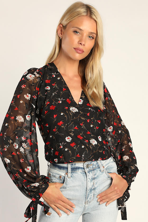 Black Floral Wrap Top Balloon Sleeve Top Floral Top Lulus