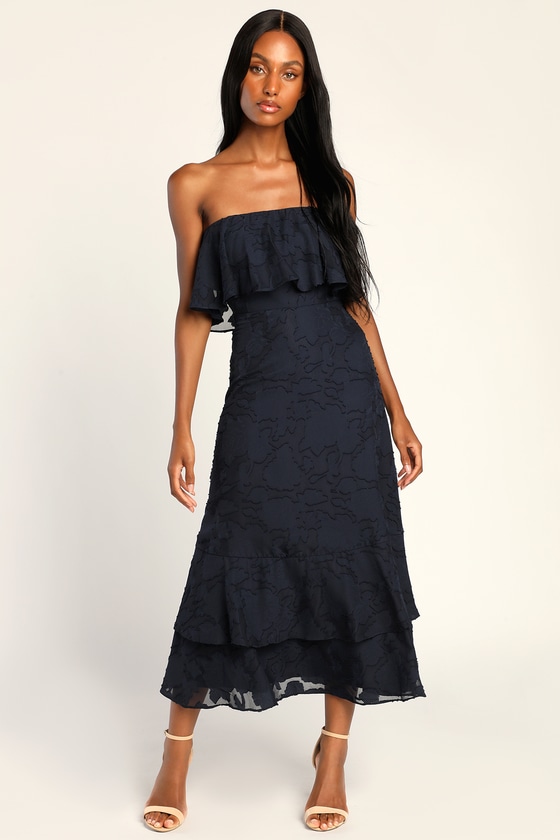 Navy Midi Dress - Jacquard Midi Dress - Strapless Floral Dress - Lulus