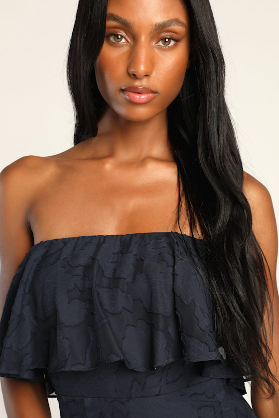 Love You So Truly Navy Blue Burnout Floral Strapless Midi Dress 2