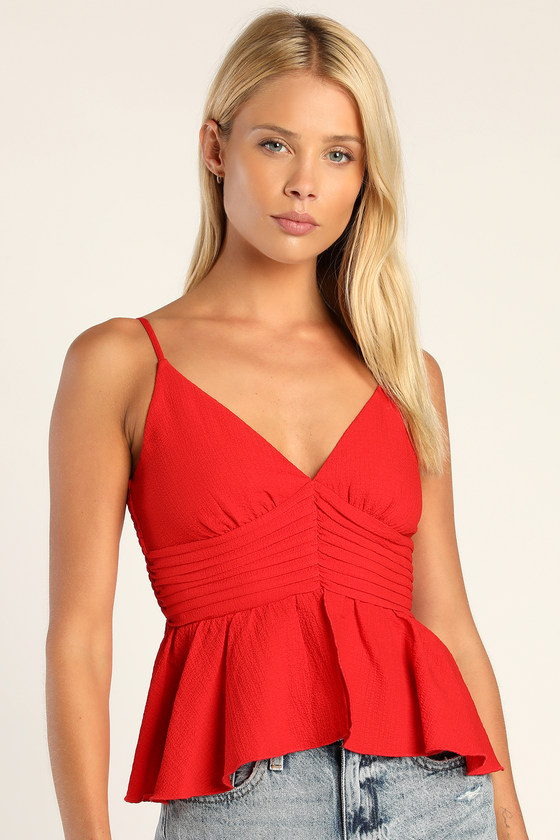 Red Textured Top - Peplum Tank Top - Pleated Cami Top - Tank 