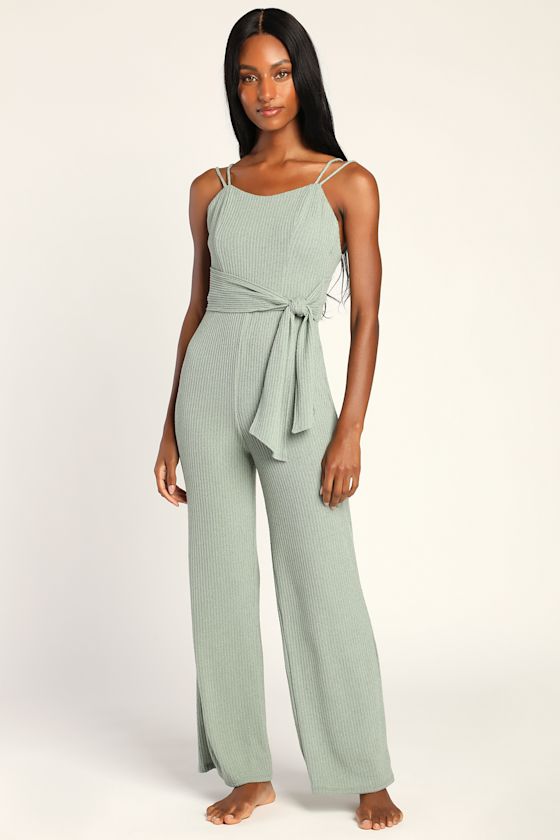 Casually Charming Sage Green Ribbed Knit Wide Leg Jumpsuit 2