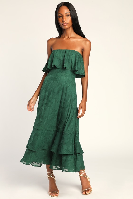 Green Midi Dress - Jacquard Midi Dress - Strapless Floral Dress - Lulus