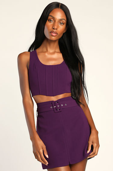 Dark Purple Mini Skirt High-Waisted Skirt Belted Mini Skirt