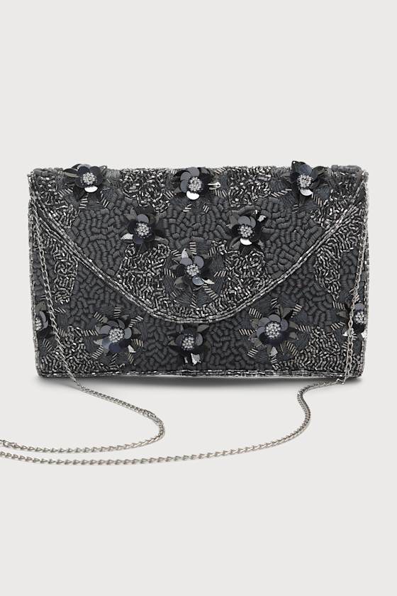 Live to Shine Grey Floral Sequin Beaded Clutch 3