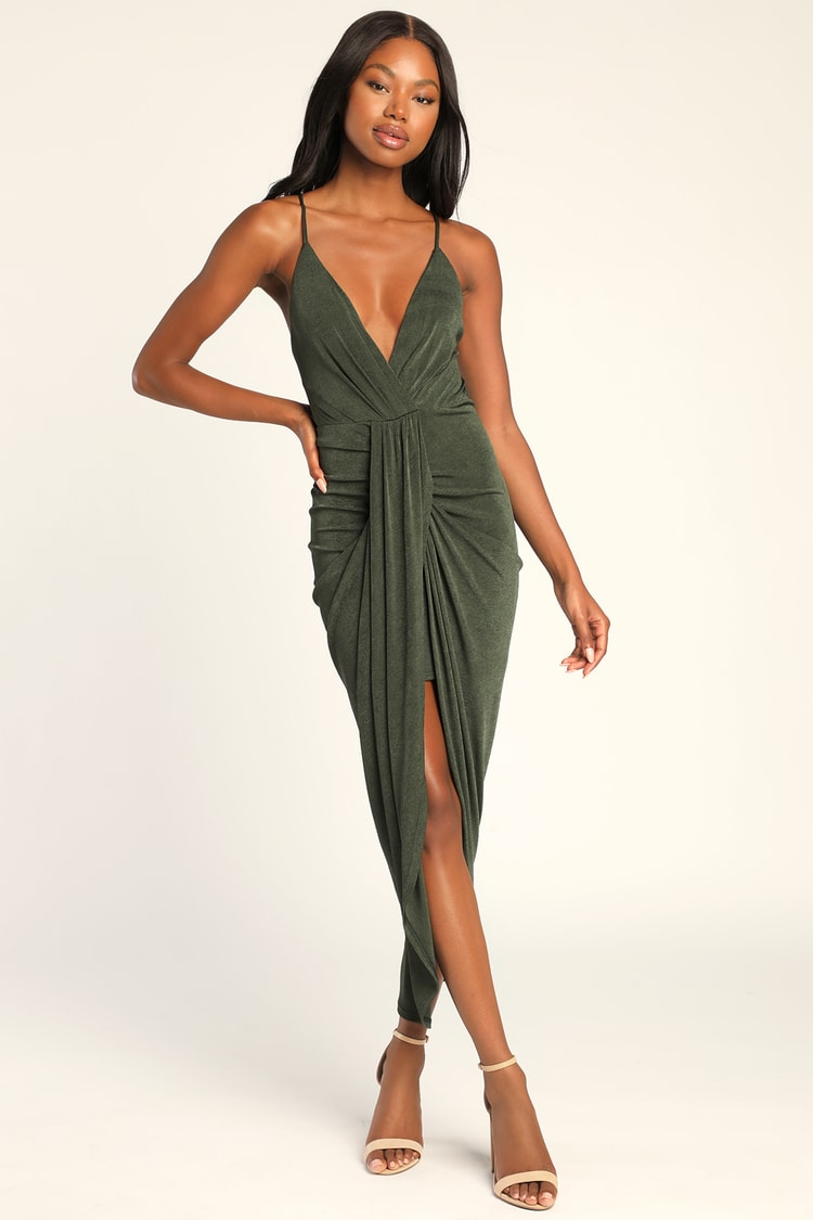 Green Dress - Surplice Midi Dress - Draping Tulip Hem Dress - Lulus
