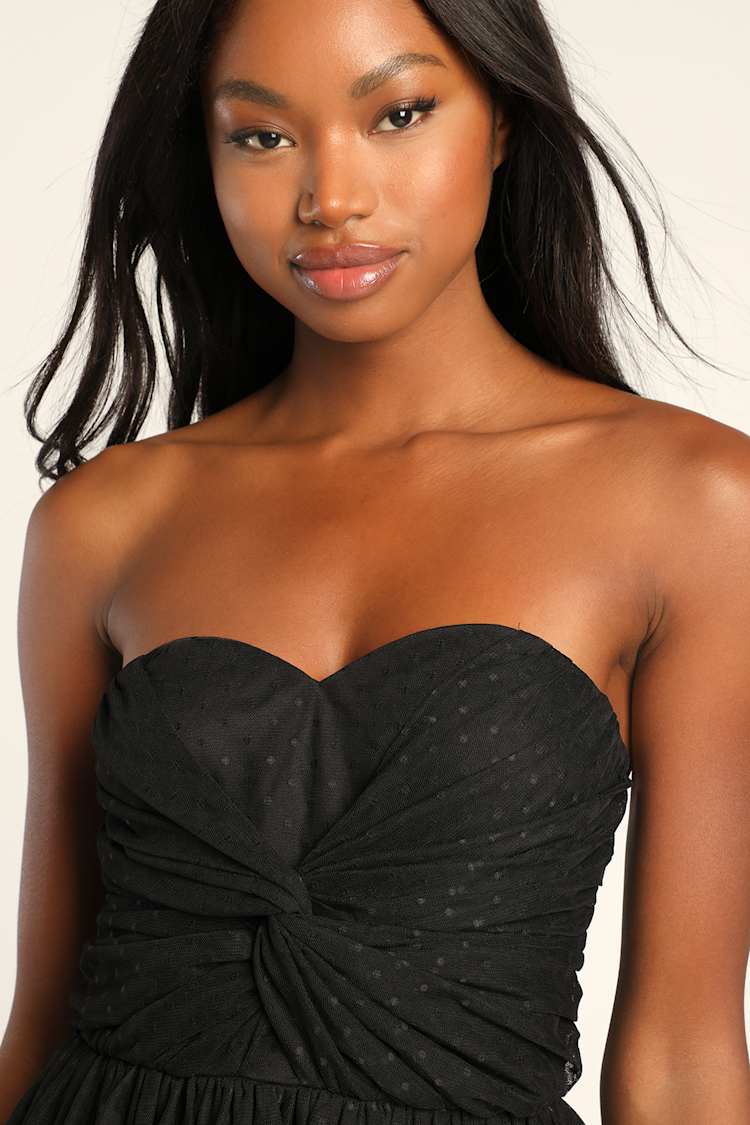 Black Swiss Dot Dress - Chic Black Dress - Strapless Midi Dress - Lulus