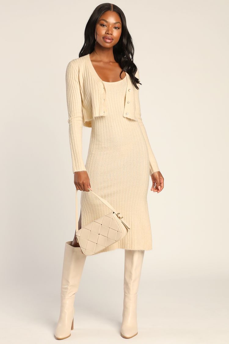 Cream Sweater Dress - Sweater Dress - Sweater Set - Cardi & Dress