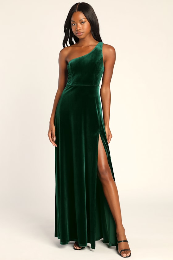 Make Me Your Muse Emerald Green Velvet One-Shoulder Maxi Dress 1