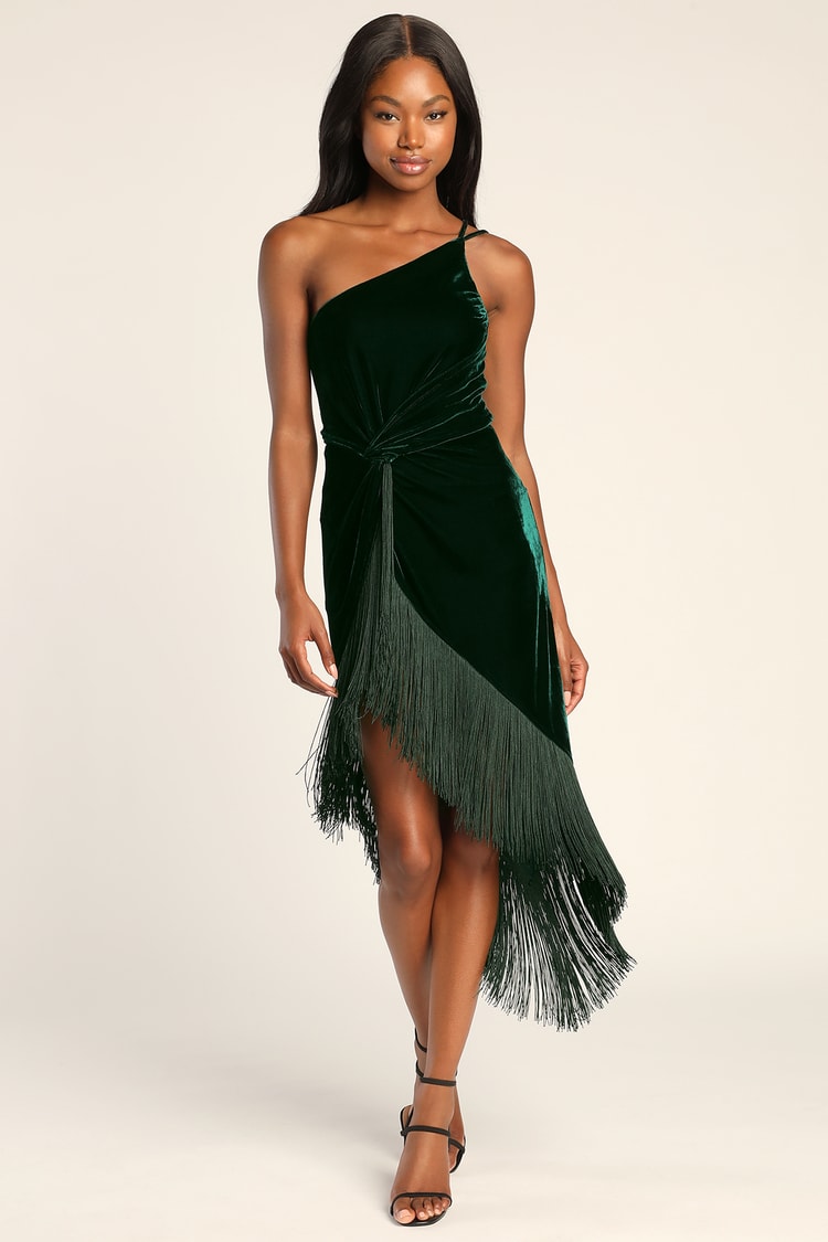Dark Green Midi Dress - Velvet Fringe Dress - Faux Wrap Dress - Lulus