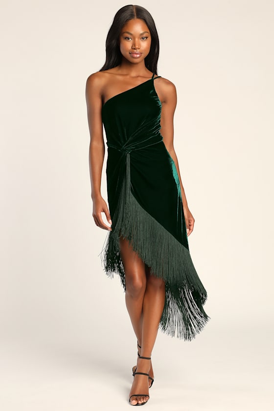 Fringe for Life Dark Green Velvet One-Shoulder Fringe Midi Dress 5