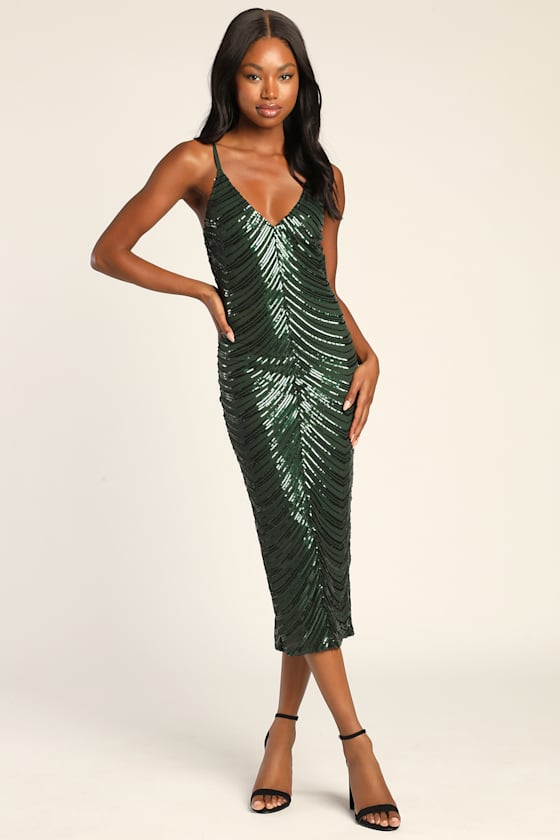 Like a Movie Star Hunter Green Sequin Bodycon Midi Dress 1