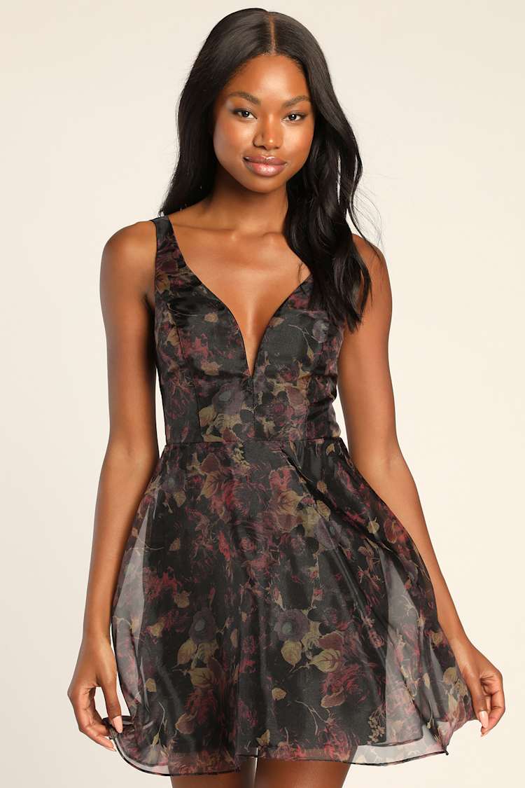 organza skater dress Black Mini Dress - Floral Print Dress - Organza Dress