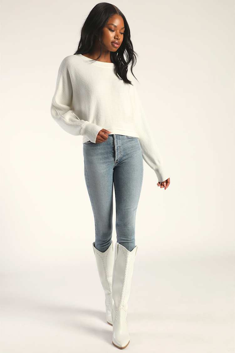 Fireside Flirt Ivory Ribbed Cropped Pullover Sweater