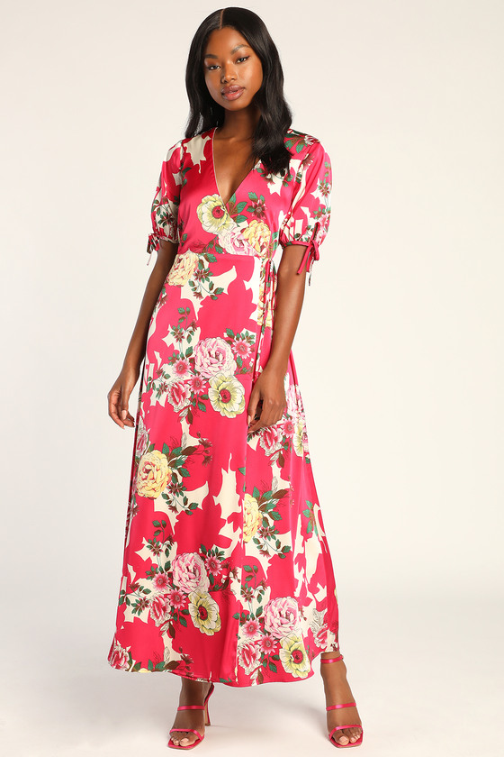 Pink Floral Print Dress - Maxi Dress - Puff Sleeve Wrap Dress - Lulus