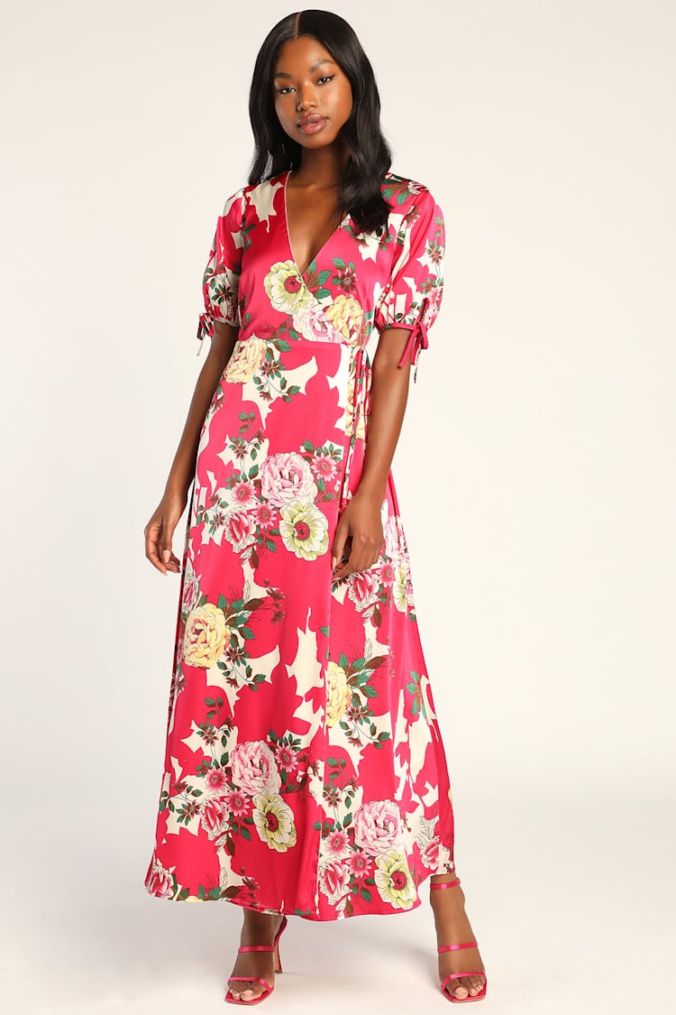 Pink Floral Print Dress - Maxi Dress - Puff Sleeve Wrap Dress - Lulus