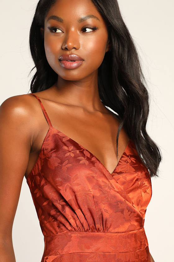Be Your Favorite Rust Orange Satin Jacquard Midi Dress 1