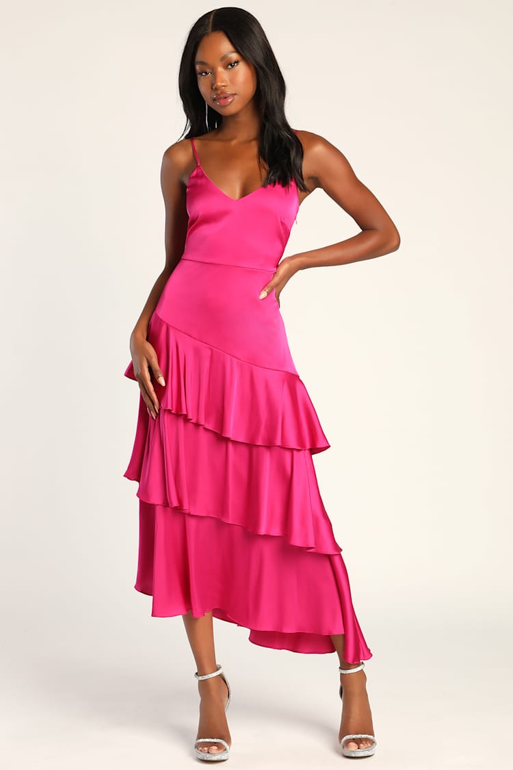 Charming Crush Hot Pink Satin Tiered Ruffled Midi Dress