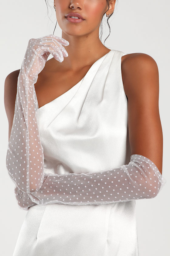 Reigning Romantic White Swiss Dot Mesh Elbow-Length Gloves 1