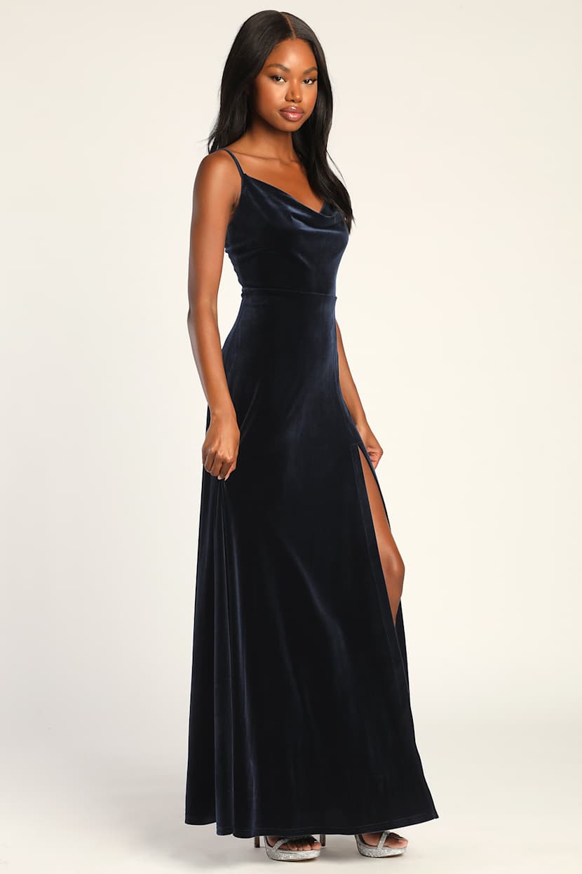 knee length dresses for ladies Lulus Coraline Velvet Tie Shoulder Maxi Dress – CHROME main image 1