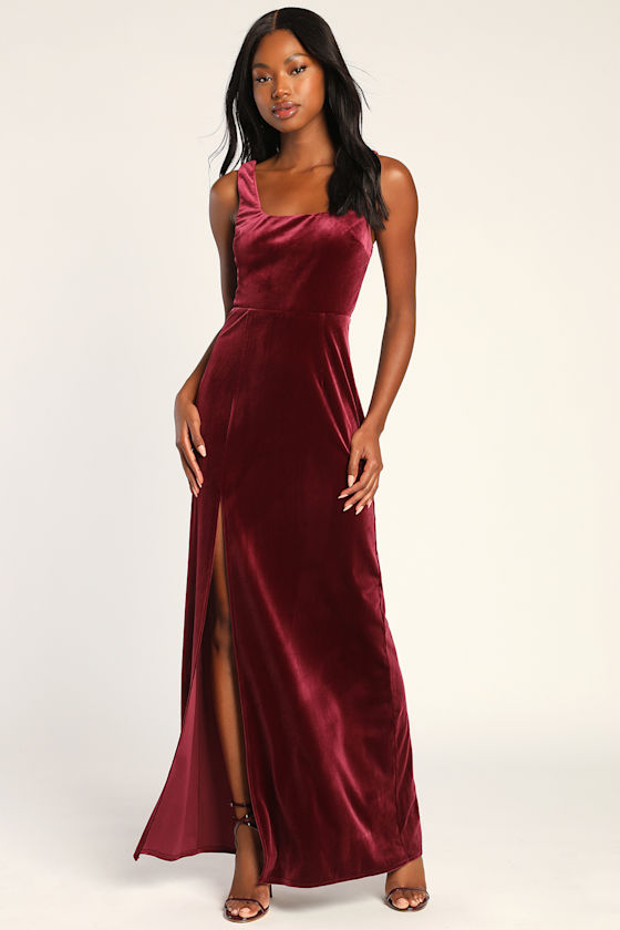 Elegant Sweetie Burgundy Velvet Square Neck Maxi Dress 6