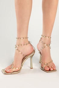 Goosyy Gold Patent Studded High Heel Sandals