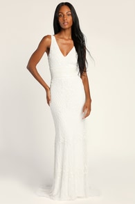 Simple Romance White Beaded Sequin Mermaid Maxi Dress