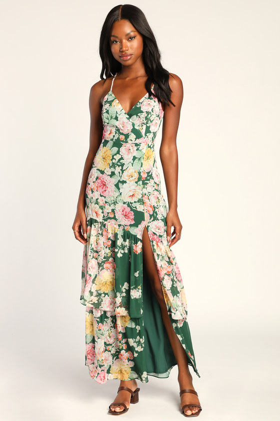 Green Floral Print Dress - Asymmetrical Wrap Dress - Maxi Dress - Lulus