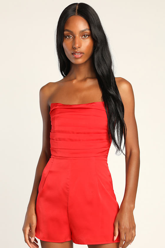 Cute Red Romper Strapless Romper Pleated Romper Lulus