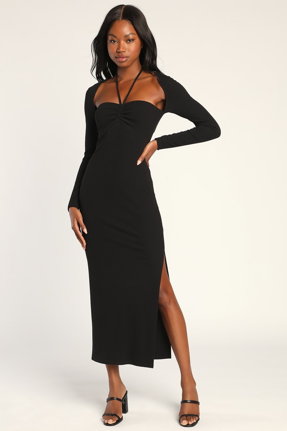 Black Ribbed Knit Dress - Long Sleeve Halter Dress - Midi Dress - Lulus
