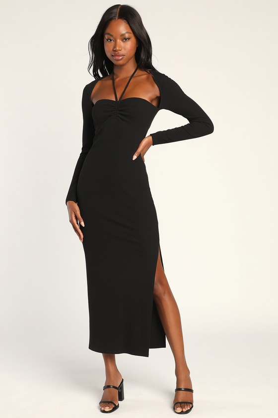 Black Ribbed Knit Dress Long Sleeve Halter Dress Midi Dress Lulus