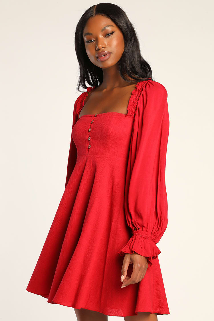 Red Mini Dress - Button-Up Dress - Sleeve Mini Lulus