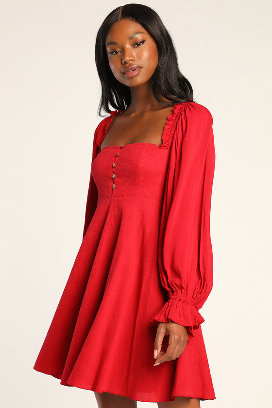 Make the Call Red Button-Up Long Sleeve Mini Dress