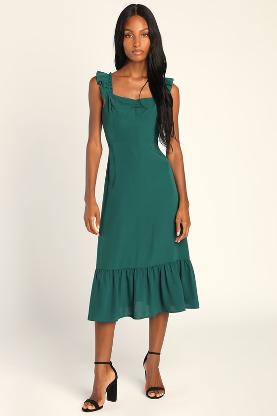 Green Midi Dress Ruffled Strap Dress Sweetheart Neck Dress Lulus