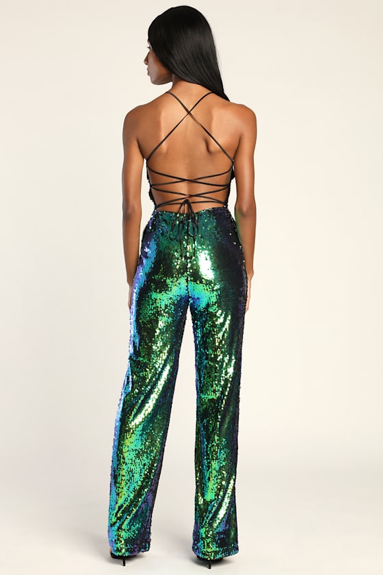 Fierce Shine Iridescent Green Sequin Lace-Up Jumpsuit 2