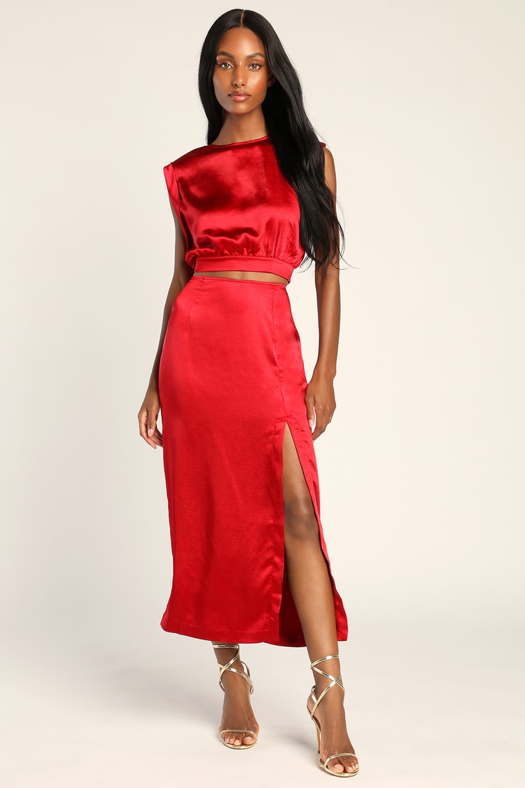 Glamorous Glances Red Satin Slit Midi Skirt