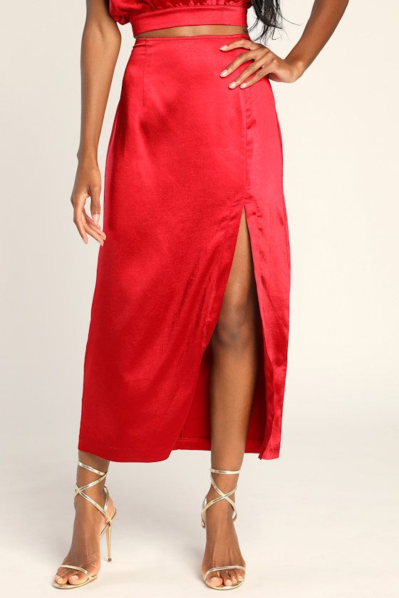 Glamorous Glances Red Satin Slit Midi Skirt 6