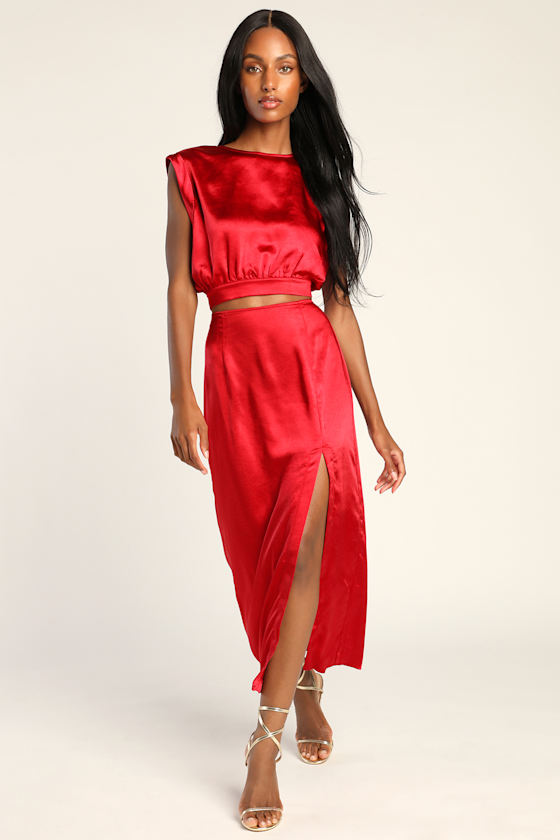 Glamorous Glances Red Satin Cap Sleeve Crop Top 1