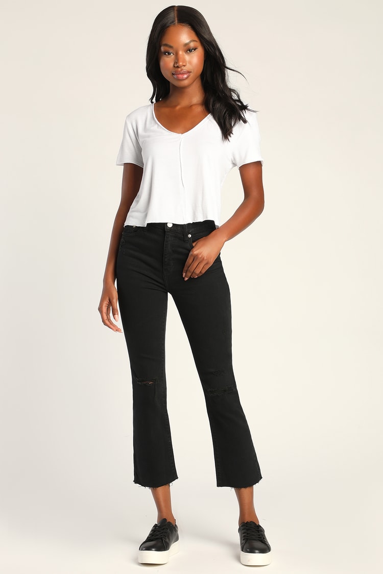 Shy Girl Black Distressed High-Waisted Cropped Flare Jeans