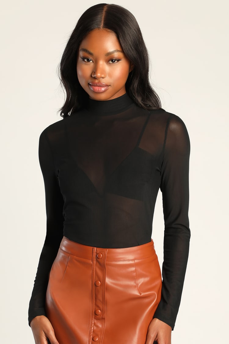 The Mesh is Yet to Come Black Mesh Mock Neck Long Sleeve Top