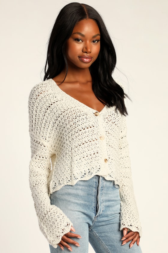 Weave It To Me Ivory Crochet Open Weave Cardigan