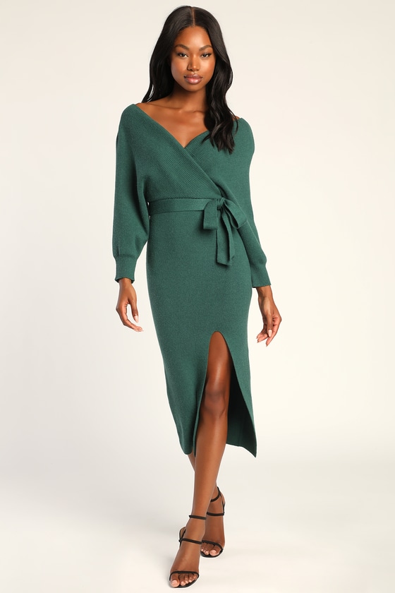 Fall into Fashion Dark Green Dolman Sleeve Sweater Midi Dress
